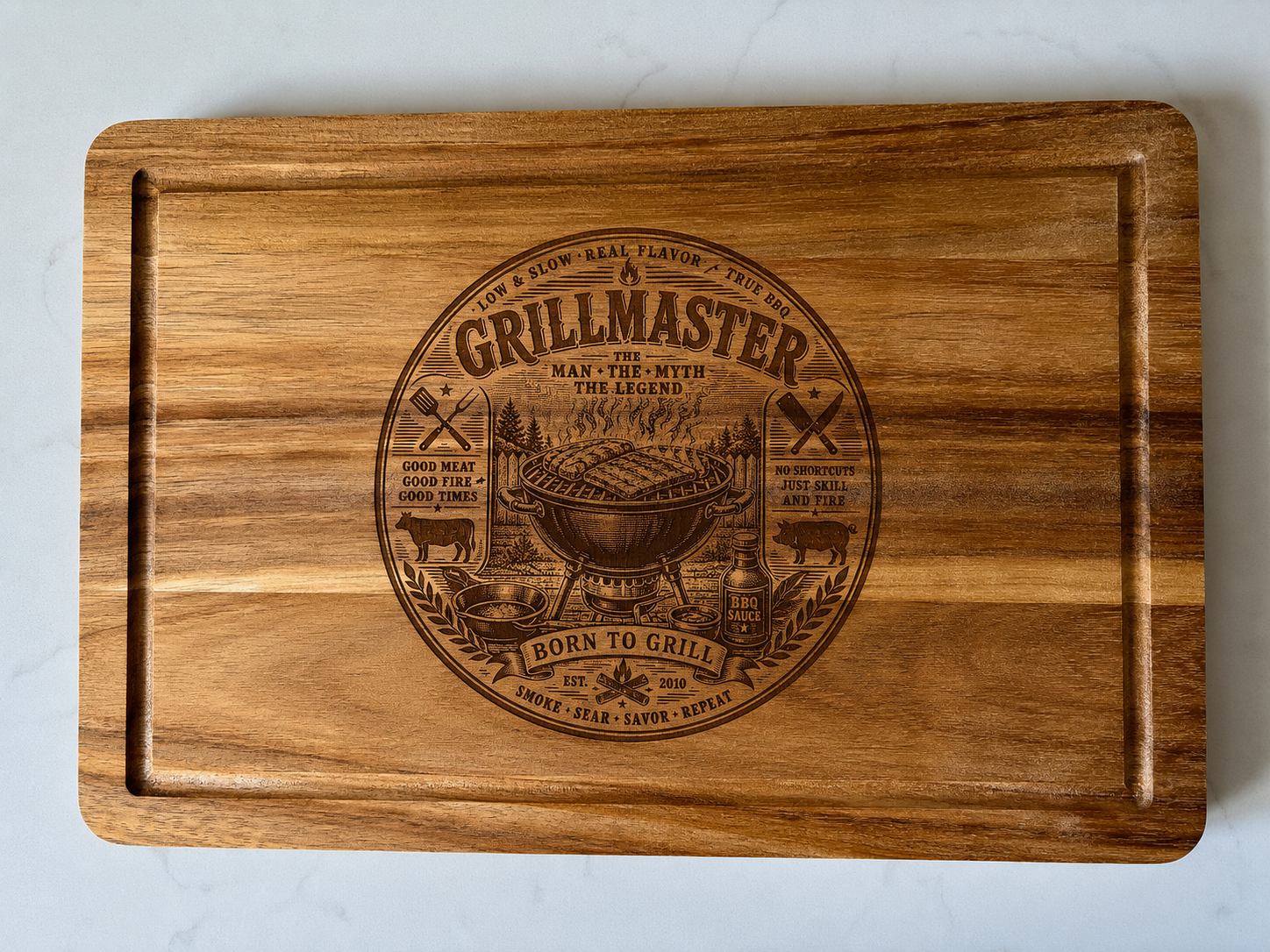 'Grillmaster' Engraved Acacia BBQ Serving Board - Born to Grill Gift